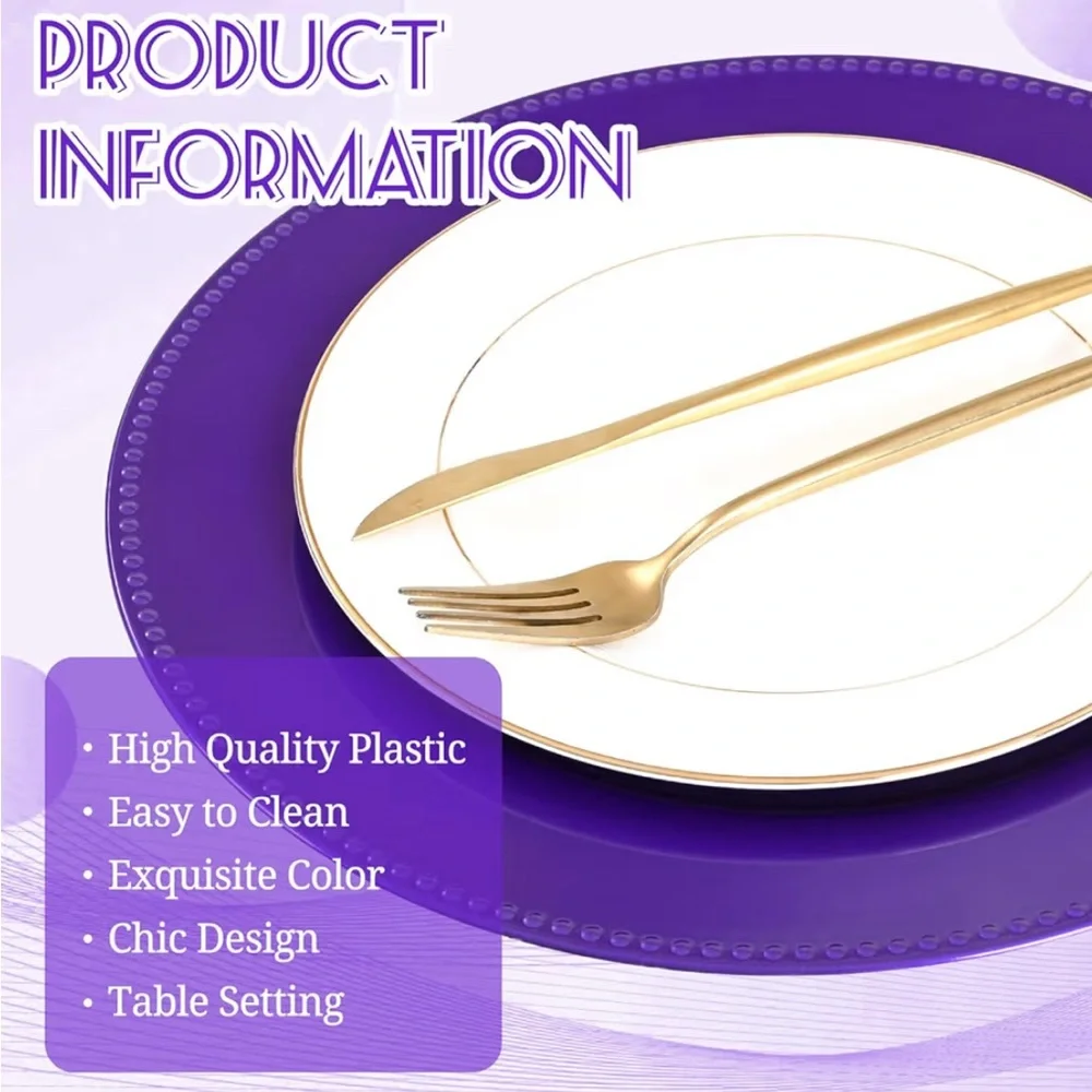 QTY 3 / 13” Purple Beaded Charger Plates.   Elegant Purple Party Plates Set - Picture 3 of 7